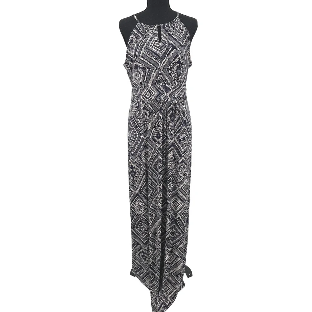 Ann Taylor LOFT Maxi Dress Womens M Blue White Poly Boho Halter Geometric Trendy